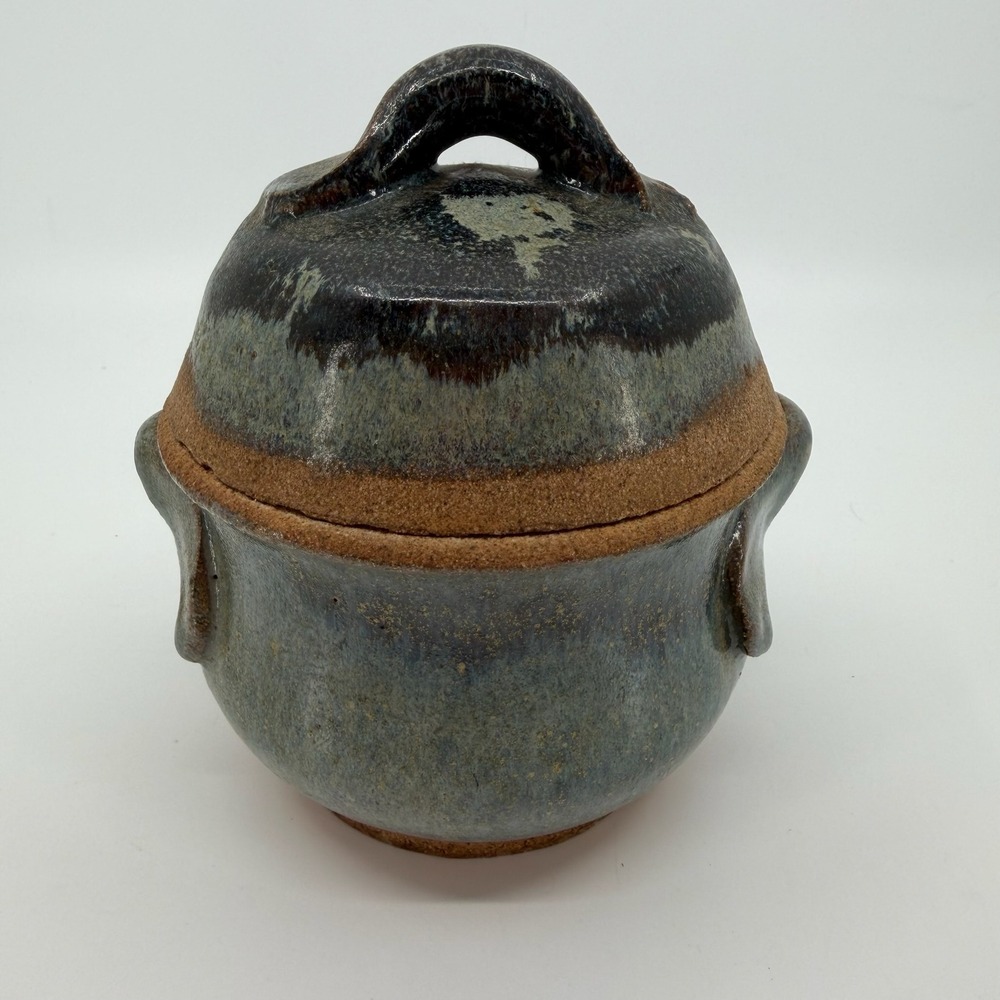 Vtg Studio Pottery Lidded Covered Bowl Handmade Blue Gray Art Pottery Signed